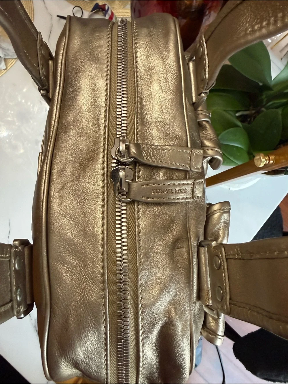 Vintage Michael Kors Metallic Gold Ranger Satchel Bag Y2K Moto Pocket Doctor